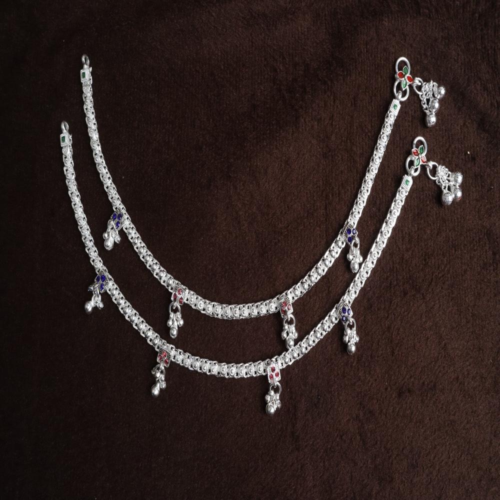 Premium German Silver White Metal Heritage Payal with Multi-Color Accents