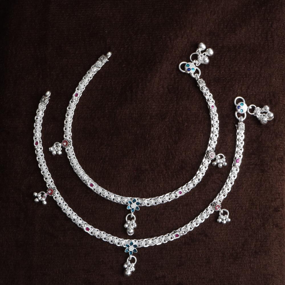Premium German Silver White Metal Heritage Payal with Multi-Color Accents