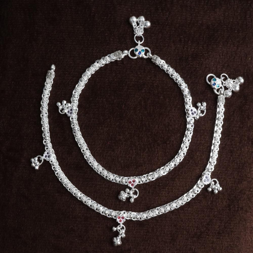 Premium German Silver White Metal Heritage Payal with Multi-Color Accents