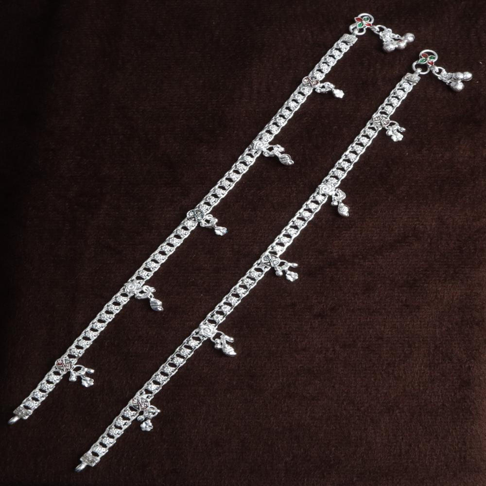 Premium German Silver White Metal Heritage Payal with Multi-Color Accents