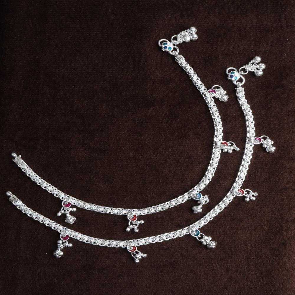 Premium German Silver White Metal Heritage Payal with Multi-Color Accents