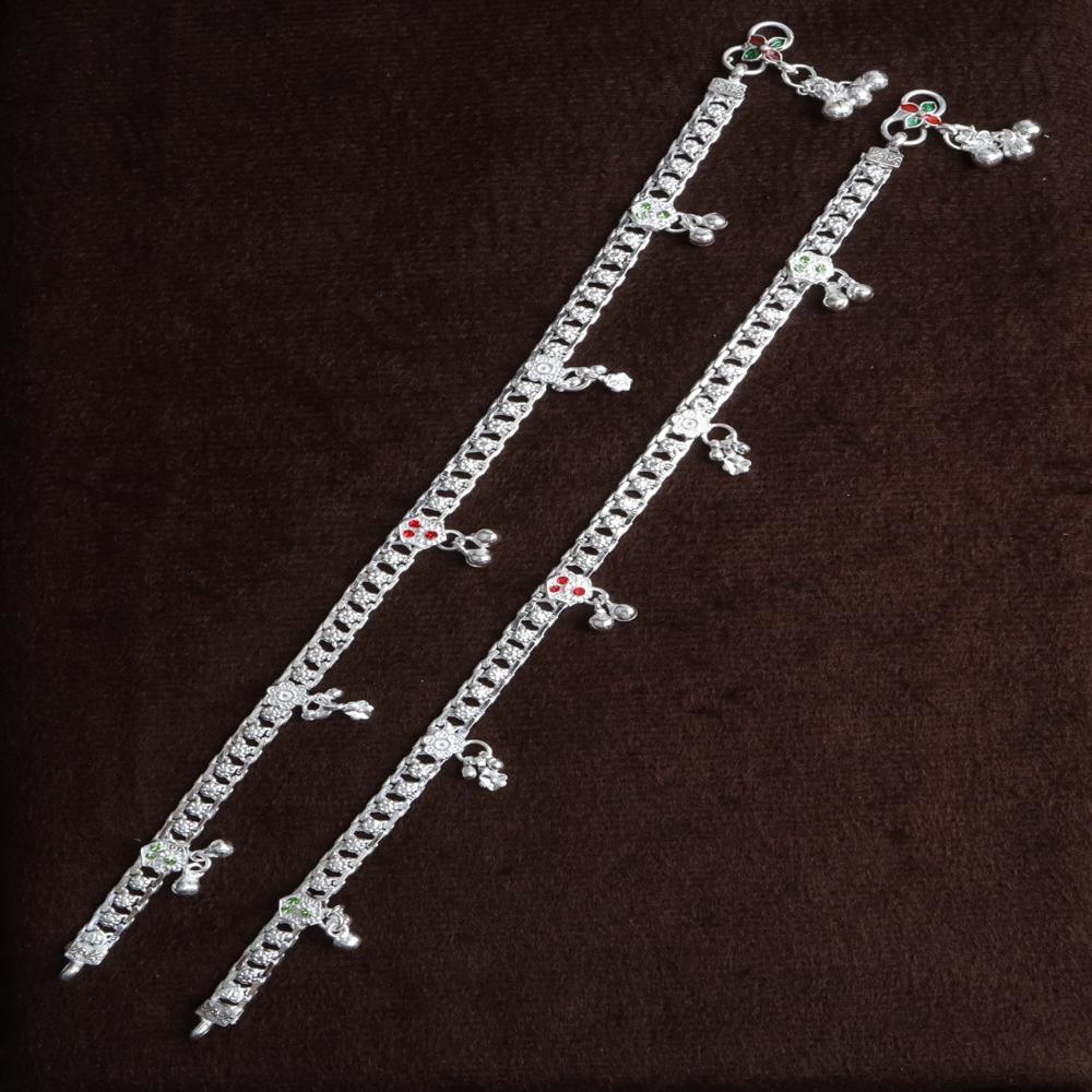 Premium German Silver White Metal Heritage Payal with Multi-Color Accents