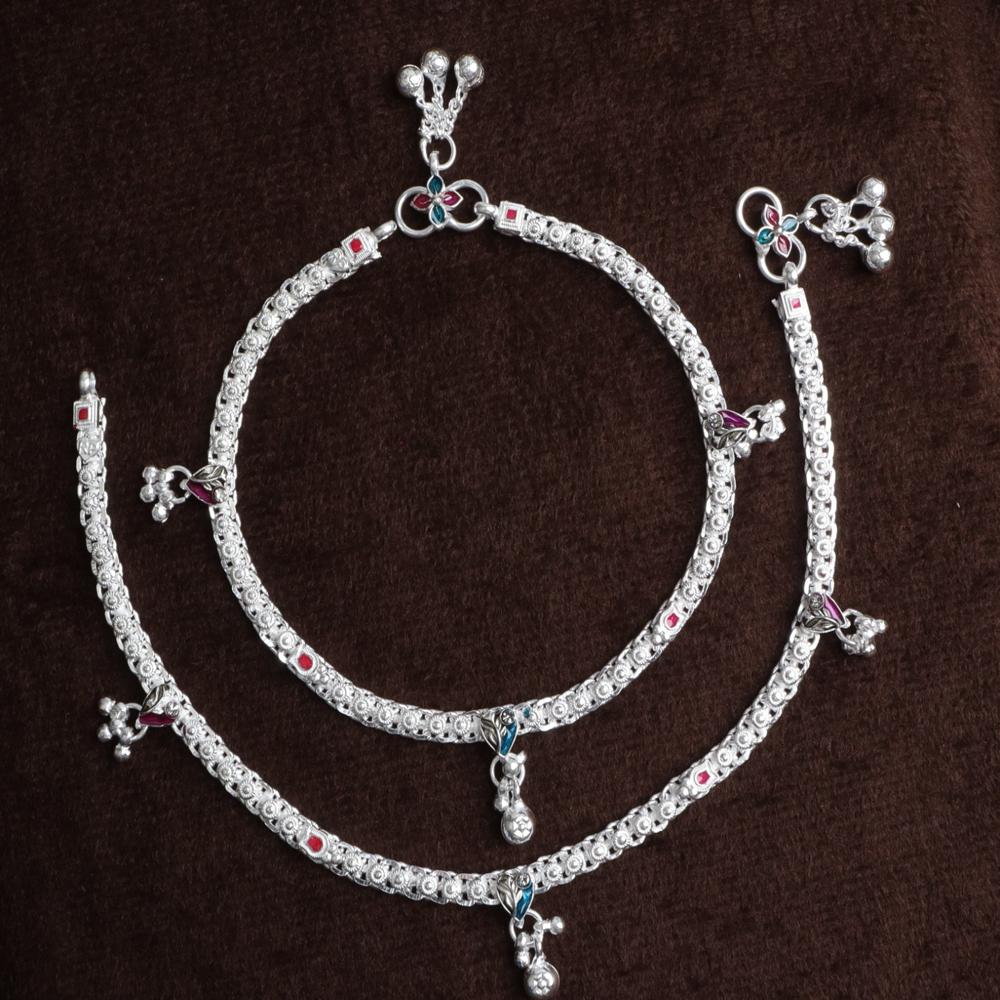 Premium German Silver White Metal Heritage Payal with Multi-Color Accents