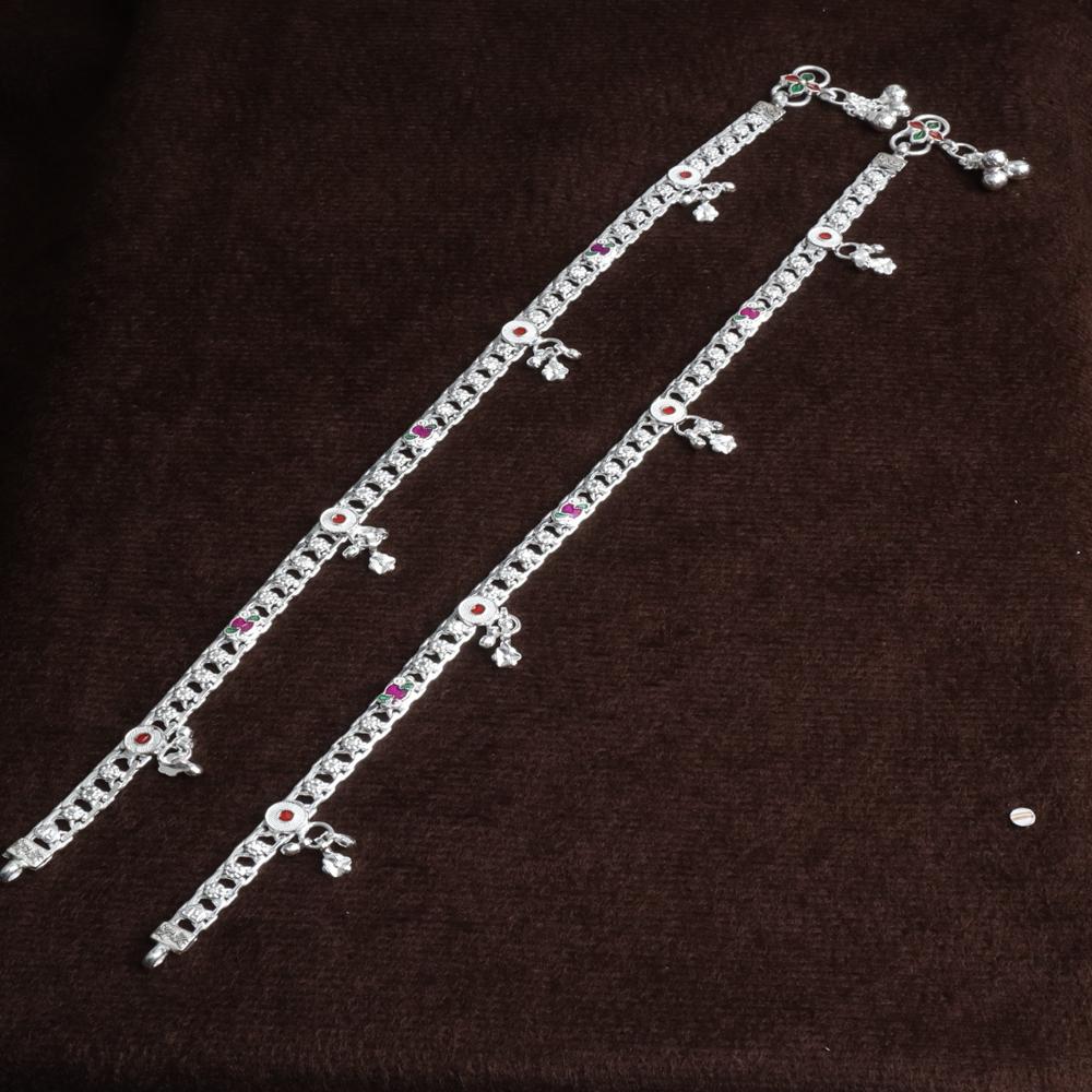 Premium German Silver White Metal Heritage Payal with Multi-Color Accents