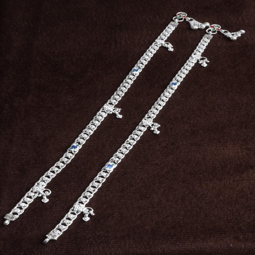 Premium German Silver White Metal Heritage Payal with Multi-Color Accents