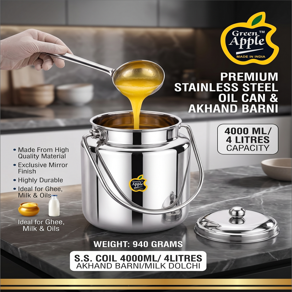 Premium 4 Litre Stainless Steel Akhand Barni / Milk Dochi | 4000ML Heavy Duty Oil Can by Green Apple | Wholesale