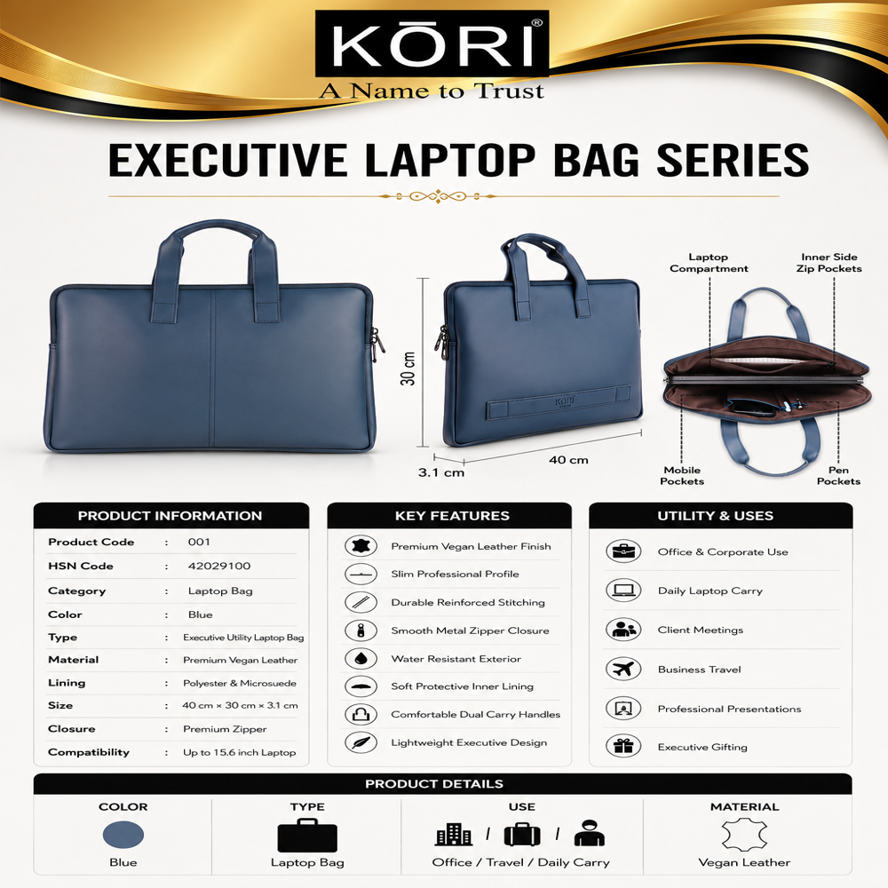 KORI Executive Slim Vegan Leather Laptop Bag(001)