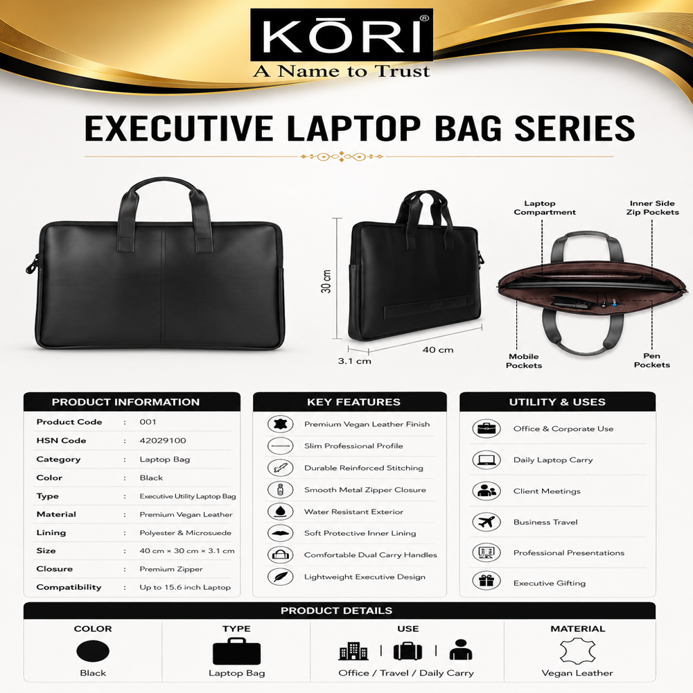 KORI Executive Slim Vegan Leather Laptop Bag(001)