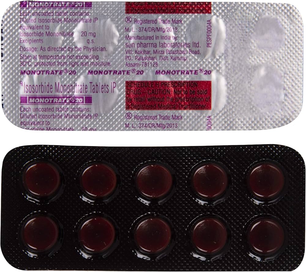 Monotrate Isosorbide Mononitrate 20 Tablet, Angina (Chest Pain) Treatment Medicine