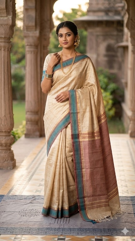 Tusser Silk Jari Temple Border Saree