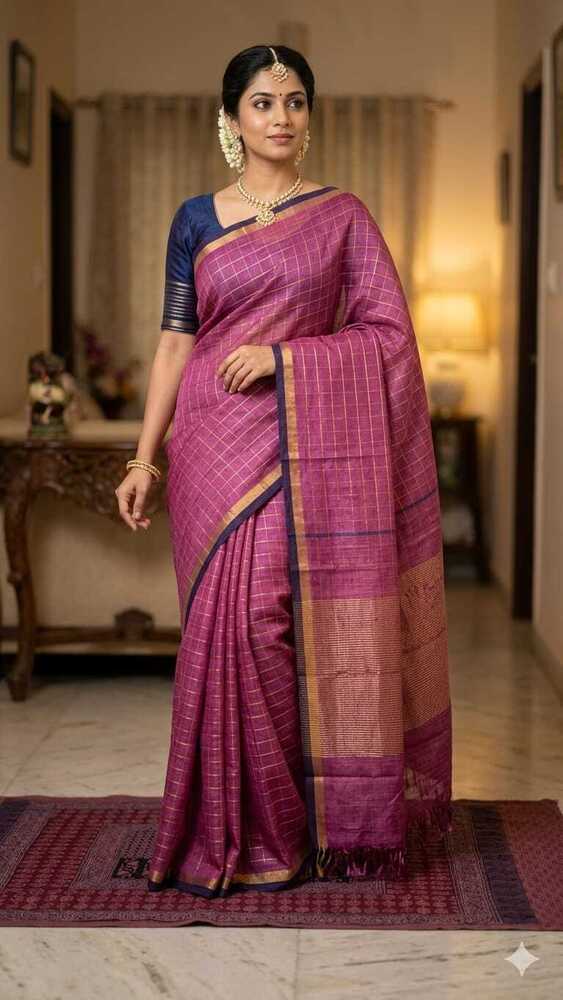 Tusser Silk Jari Border Check Saree