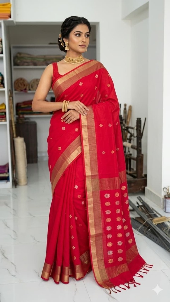 Cotton Designer Buti Saree - Soft Cotton Blend, 5.5 Meters, Multicolor | Woven Buti Motifs, Contrasting Border, Decorative Pallu, Matching Blouse Fabric
