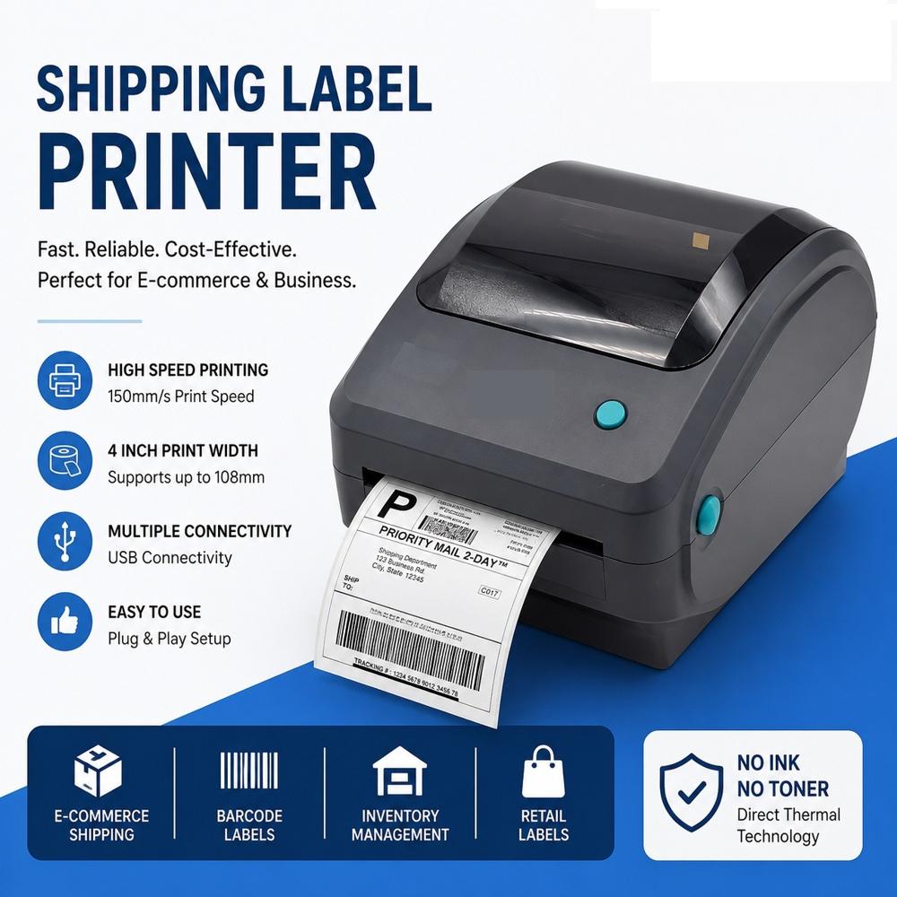 Shipping Label Printer 4 Inch For Amazon, Flipkart, Meesho, Myntra, Shopify & Ecommerce Sellers - Color: White / Black