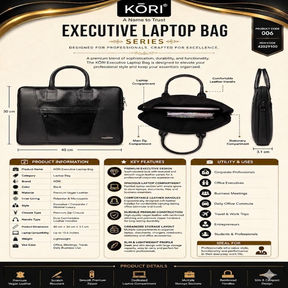 KORI Executive Black Vegan Leather Laptop Briefcase(006)