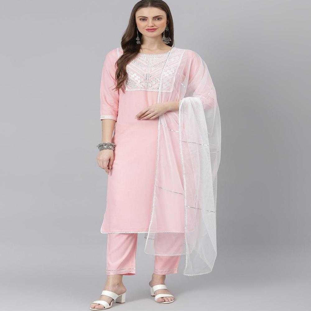 Pink Cotton Kurta Set with Embroidered Dupatta  Festive & Party Wear