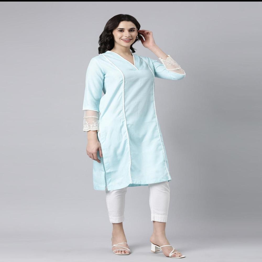 Sky Blue Cotton Kurta Set with Embroidered Dupatta  Festive & Daily Wear