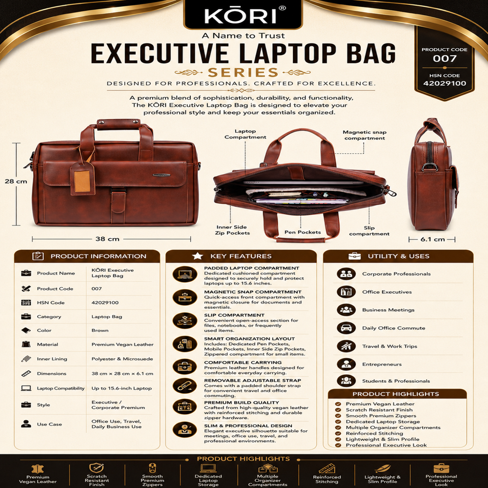KORI Executive Vegan Leather Laptop Briefcase(007