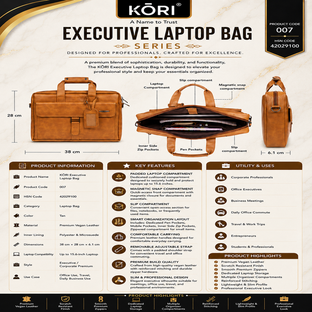 KORI Executive Vegan Leather Laptop Briefcase(007)