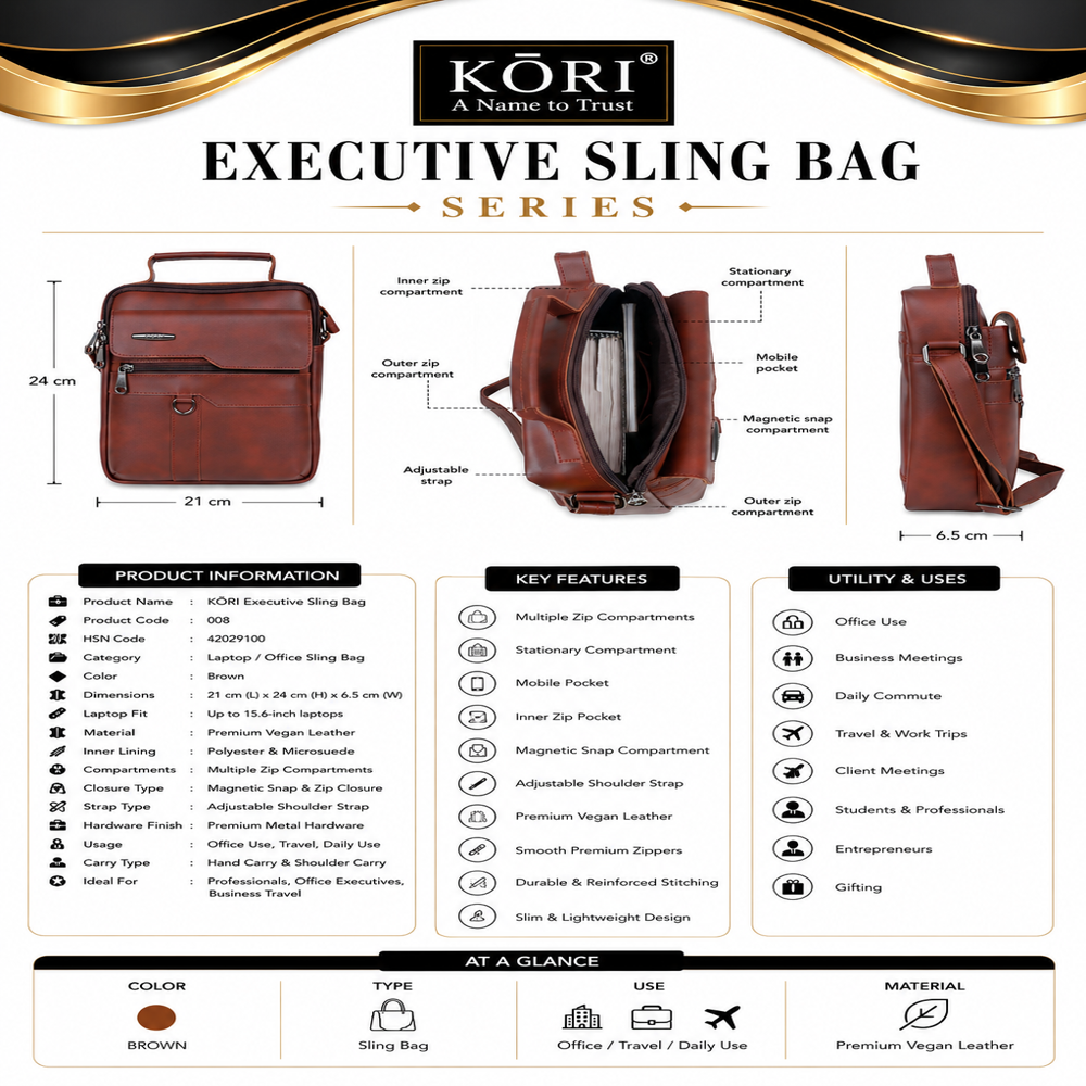 KORI Classic Compact Vegan Leather Messenger Laptop Bag  Brown(008)