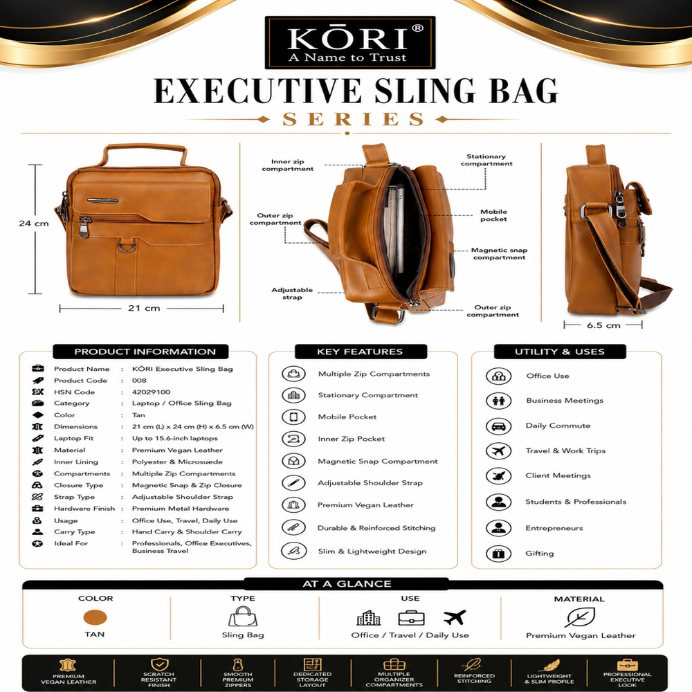 KORI Classic Compact Vegan Leather Messenger Laptop Bag TAN (008)