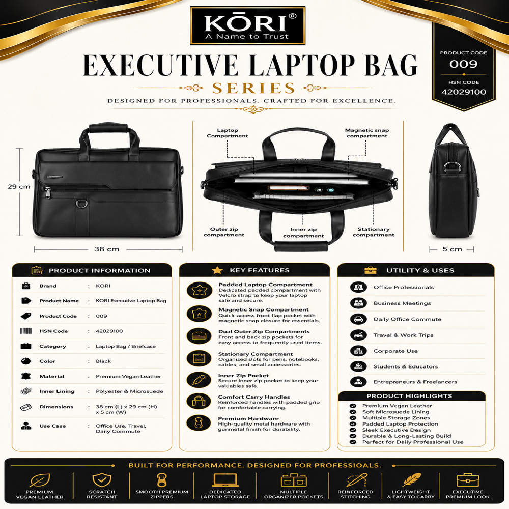 KORI Elite Slim Vegan Leather Laptop Briefcase BLACK (009)