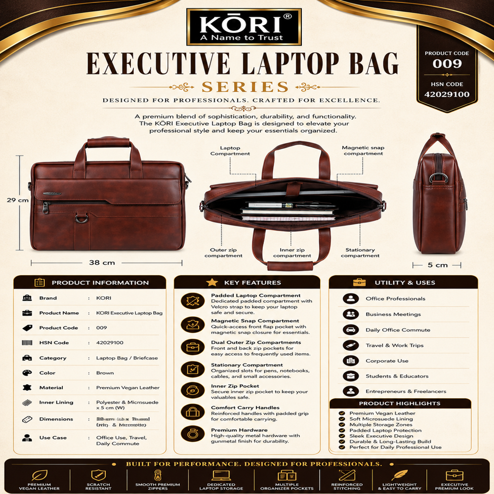 KORI Elite Slim Vegan Leather Laptop Briefcase BROWN (009)