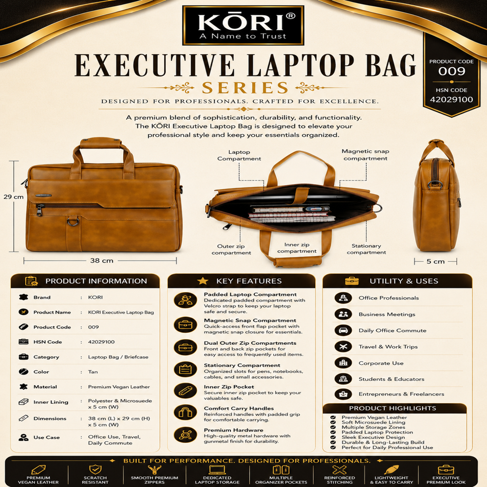 KORI Elite Slim Vegan Leather Laptop Briefcase TAN  (009)
