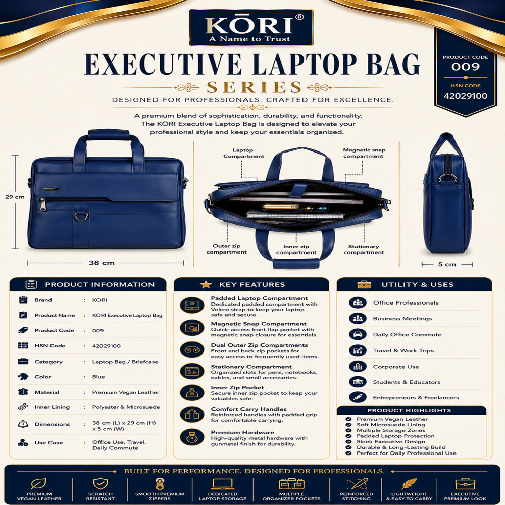 KORI Elite Slim Vegan Leather Laptop Briefcase BLUE (009)