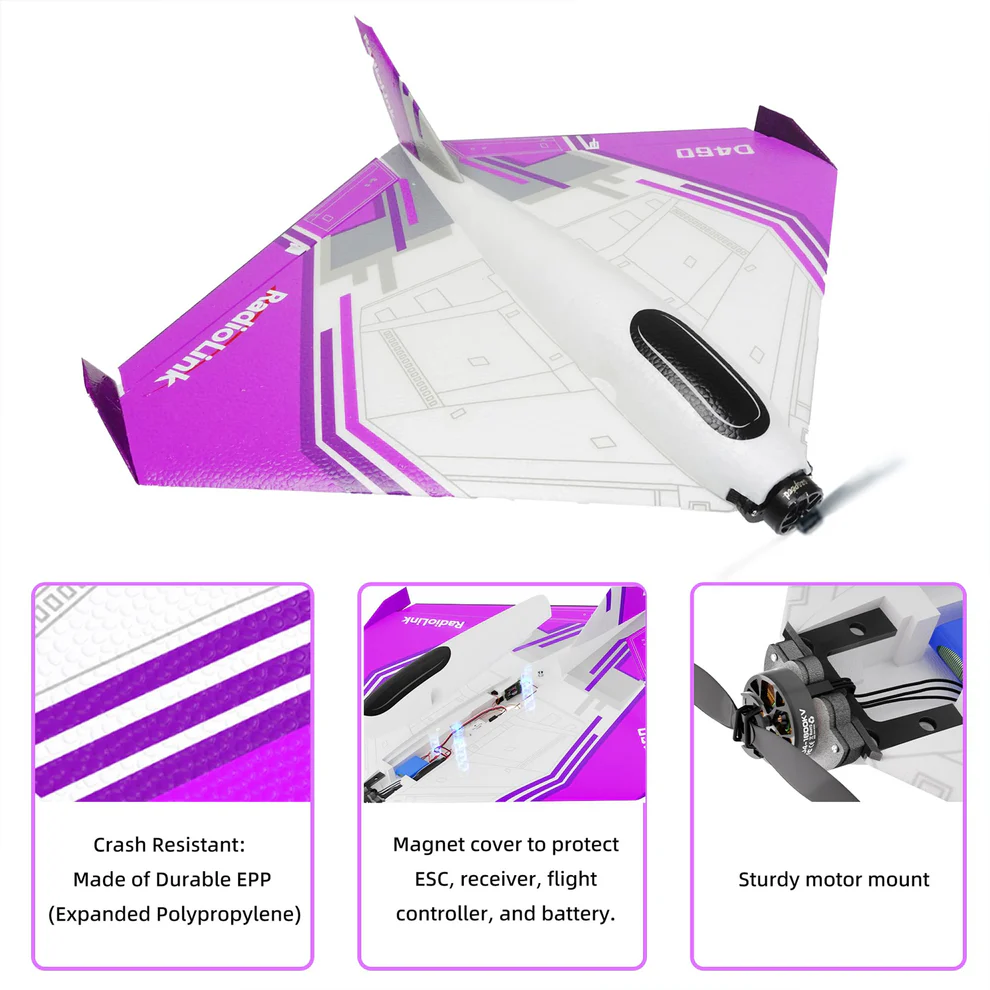 Radiolink D460 RC Airplane Ready to Fly (RTF) RC Airplane with Byme-DB Gyro FC, 3 Flight Modes, Brushless Motor 15A ESC Plane, T8S Transmitter & R8XM Voltage Telemetry RX for Beginner or Experienced - Purple
