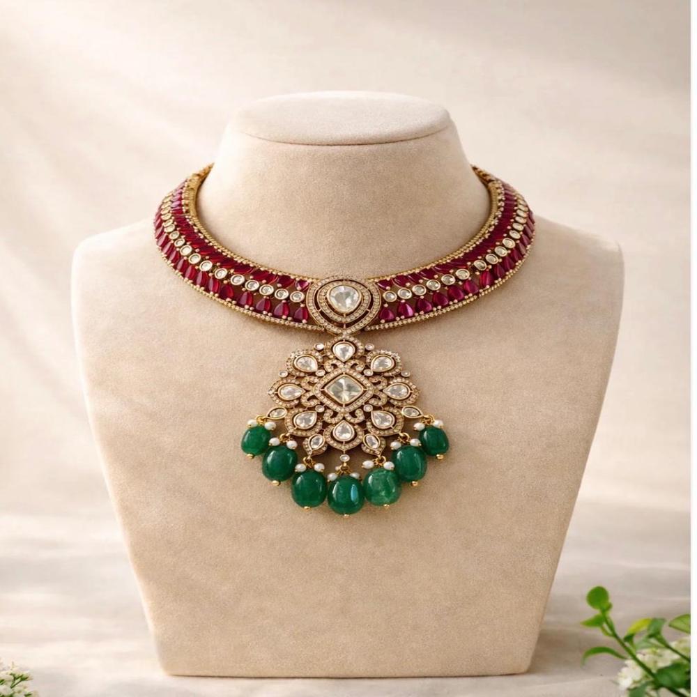 Royal Ruby And Polki Choker Set - Color: Red