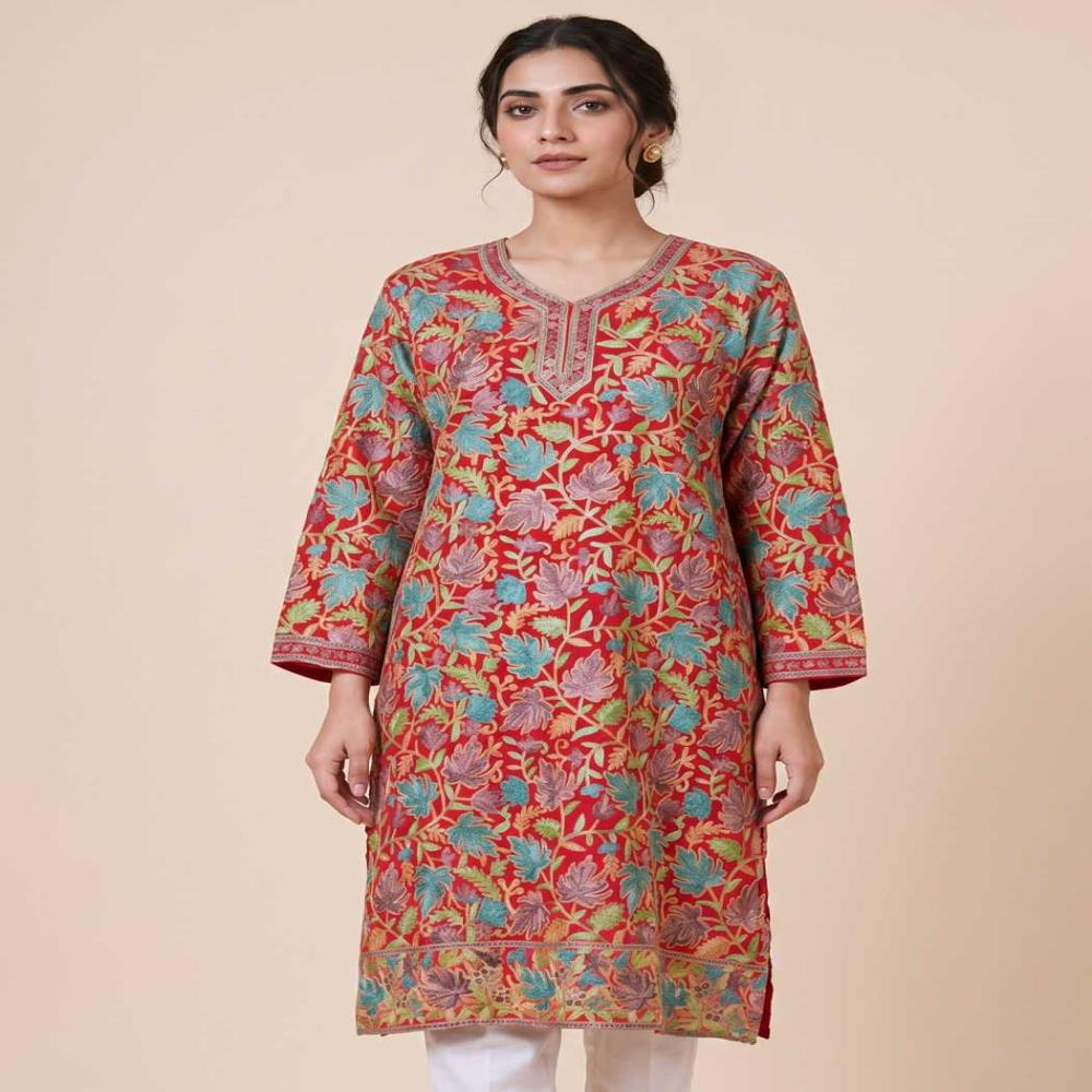 Cultural Kashmiri Long Kurti In Georgette With Aari Embroidery - Bust Size: 42