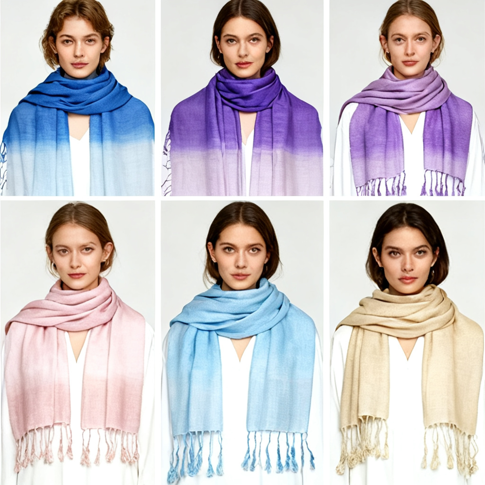 Pure Linen Ombre Shaded Scarves With Tassels