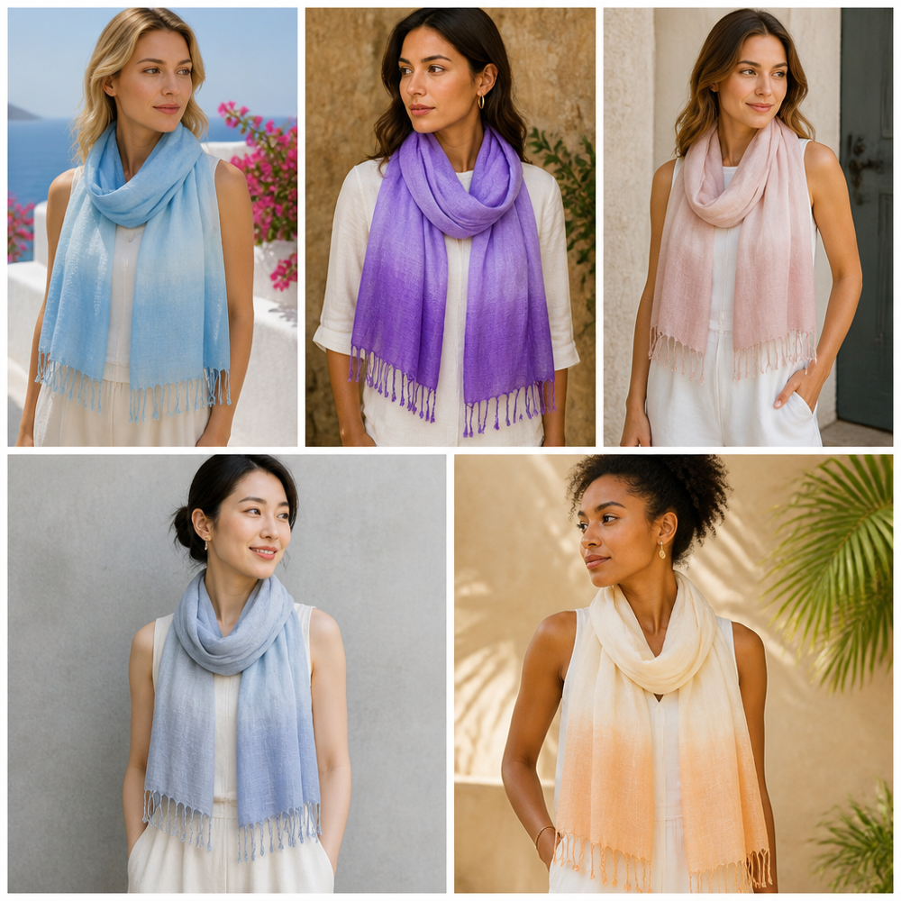 Pure Linen Ombre Shaded Scarves With Tassels