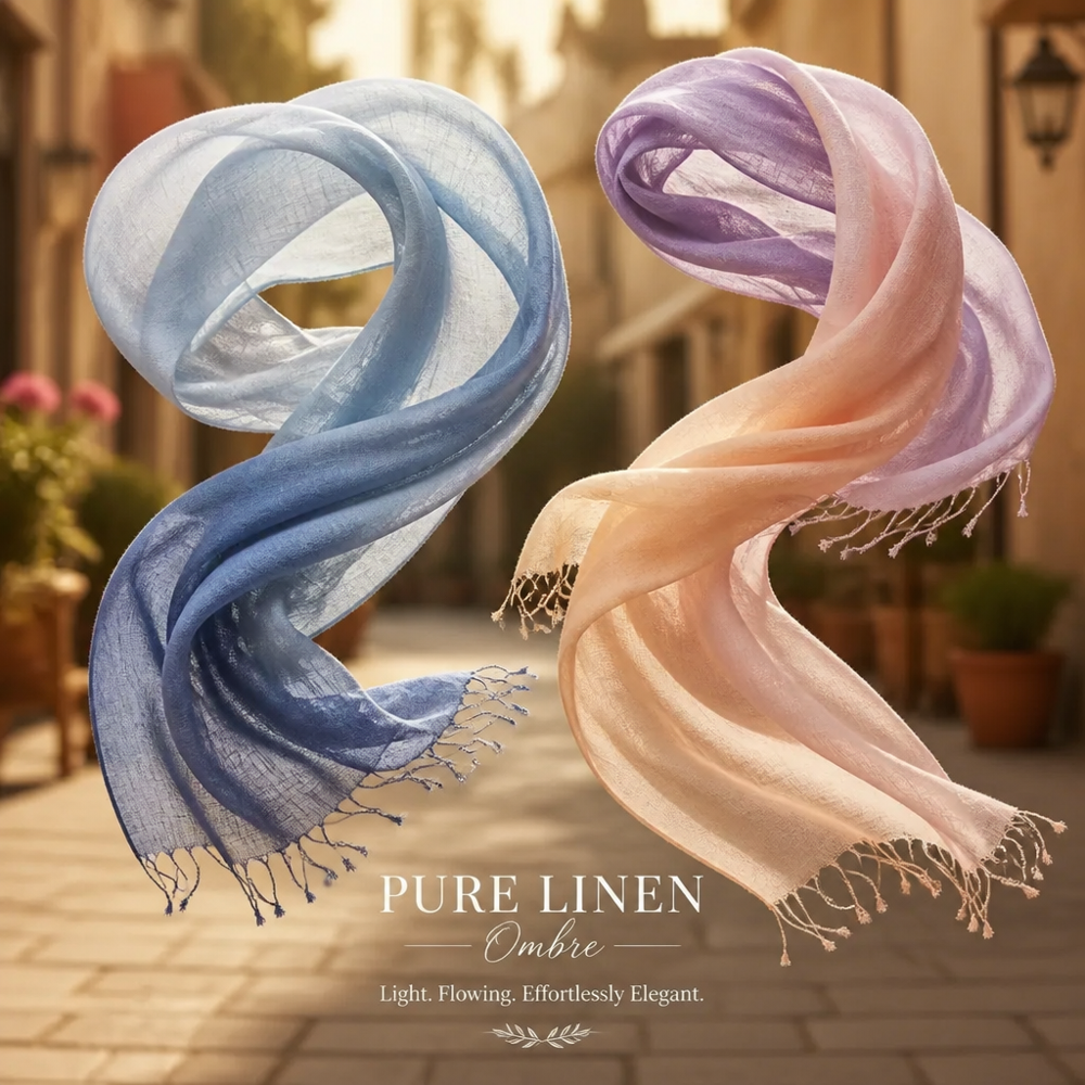 Pure Linen Ombre Shaded Scarves With Tassels