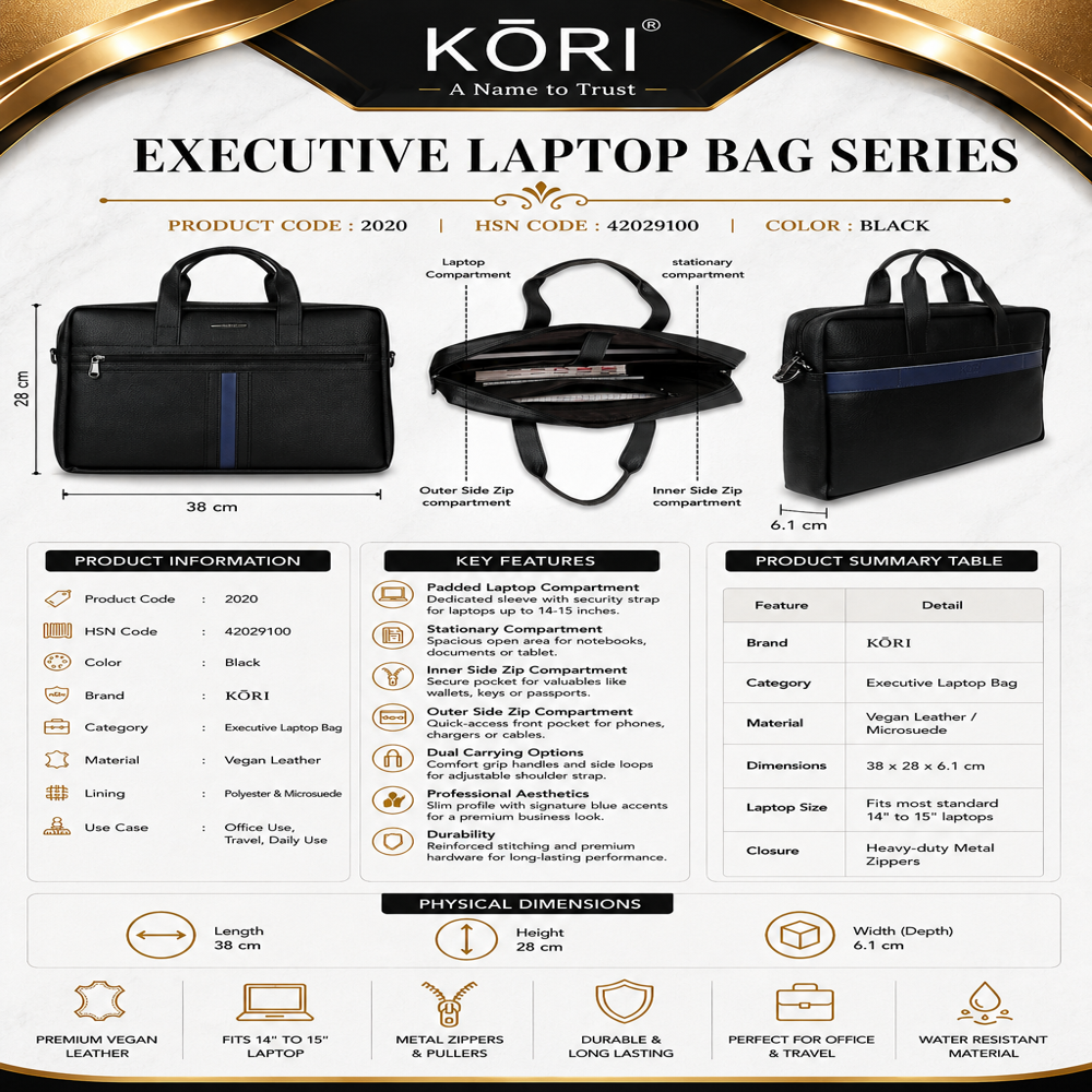 Kori Edge Executive Vegan Leather Laptop Briefcase(2020) - Capacity: 8 Ltr