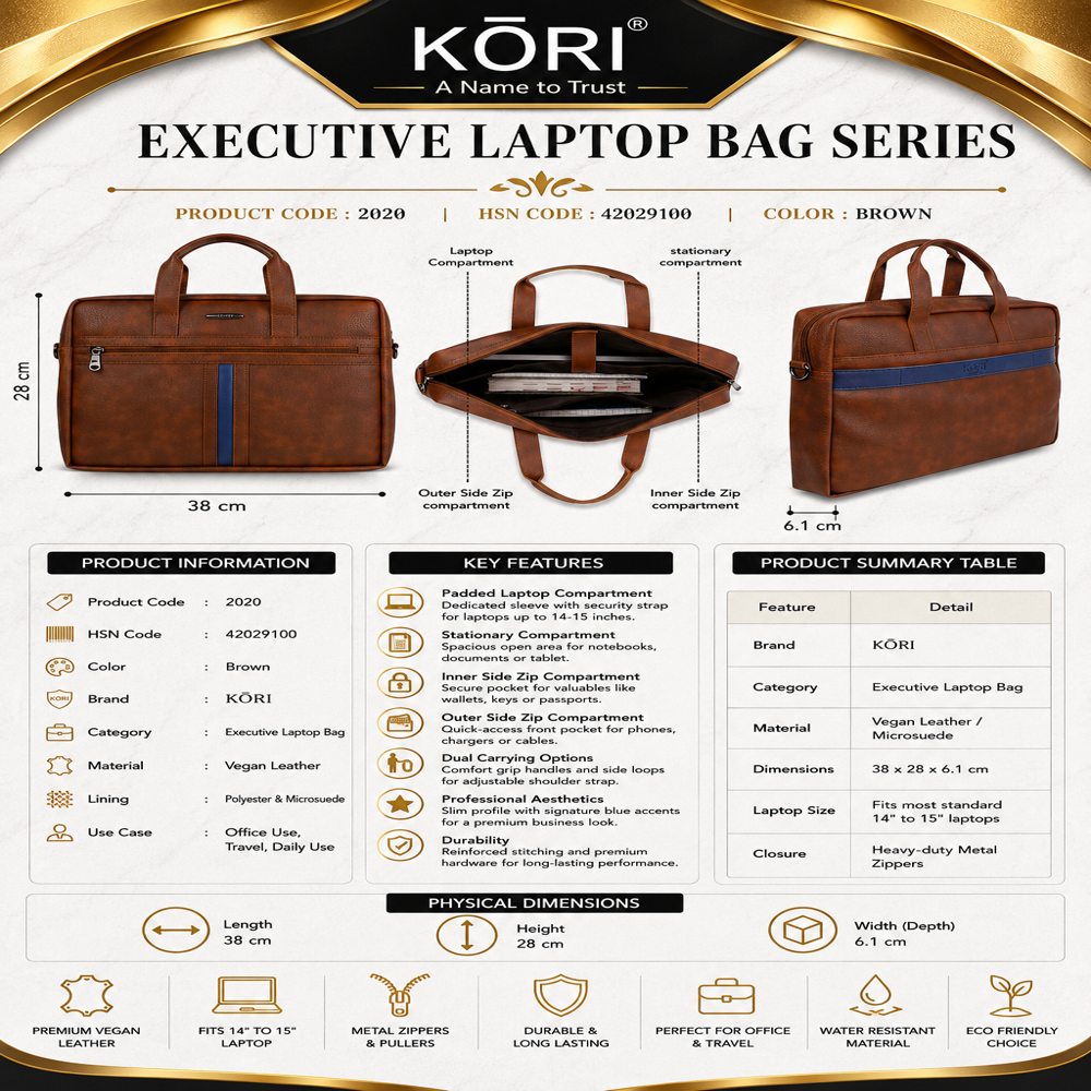 KORI Edge Executive Vegan Leather Laptop Briefcase (2020)
