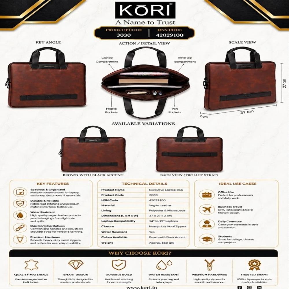 KORI Urban Luxe Slim Laptop Briefcase( 3030)