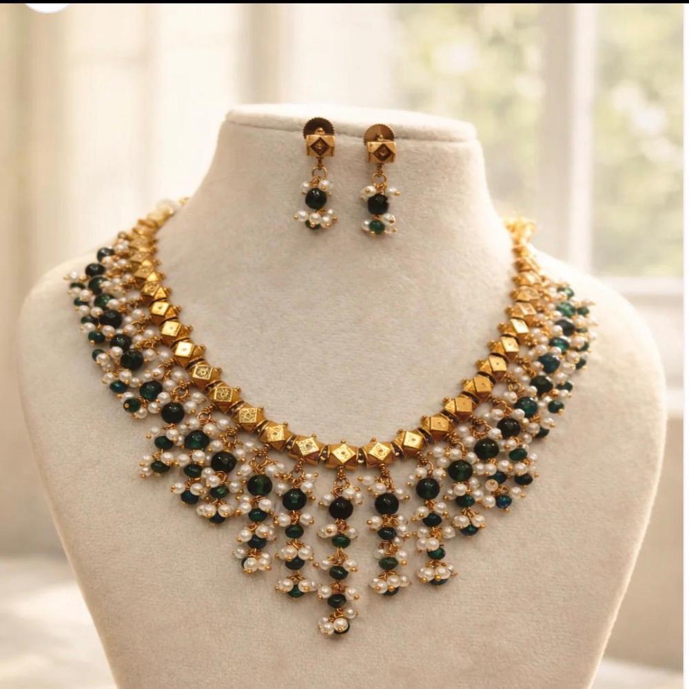 Gold Finished Polki Necklace Set - Color: Blue