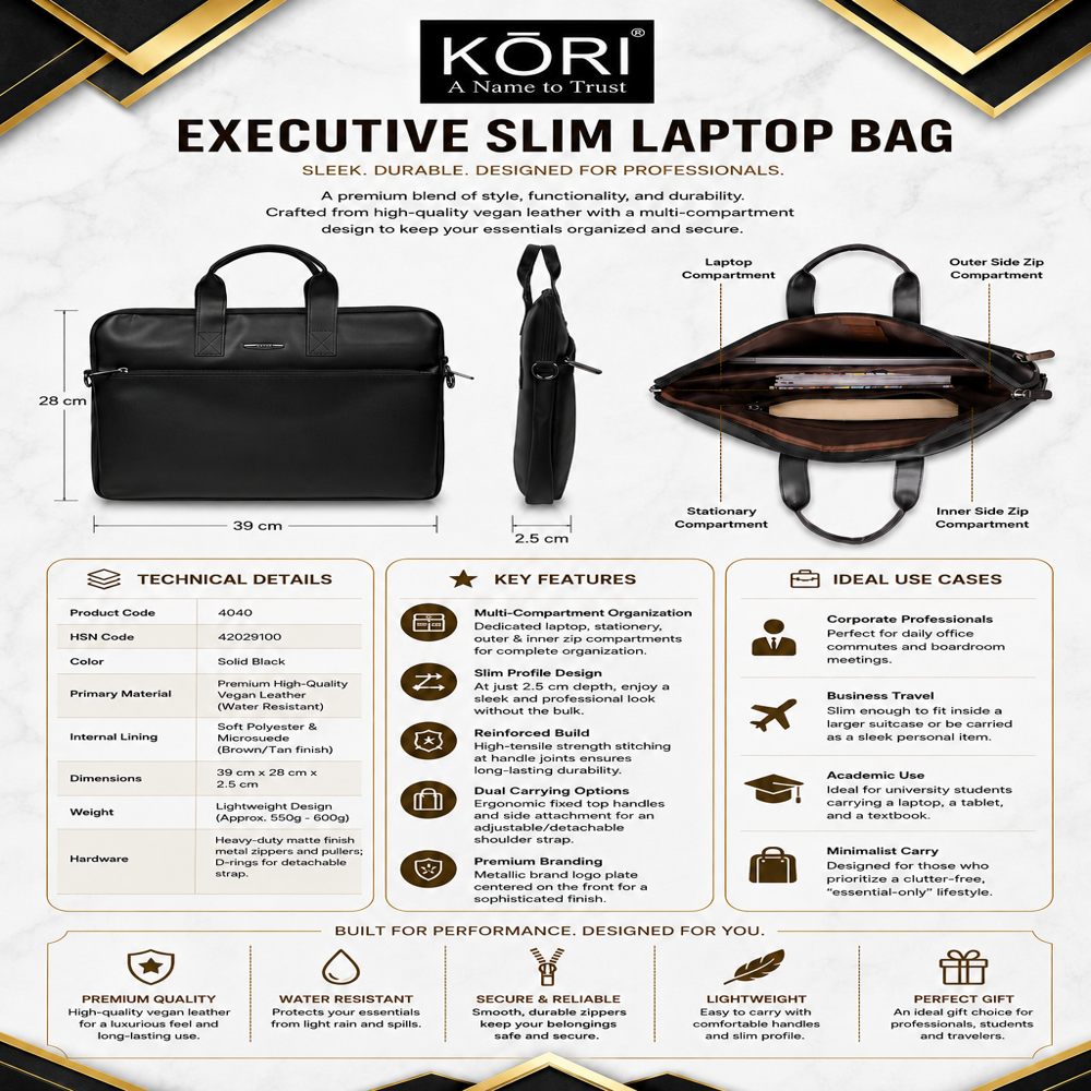 KORI Executive Slim Vegan Leather Laptop Bag(4040)