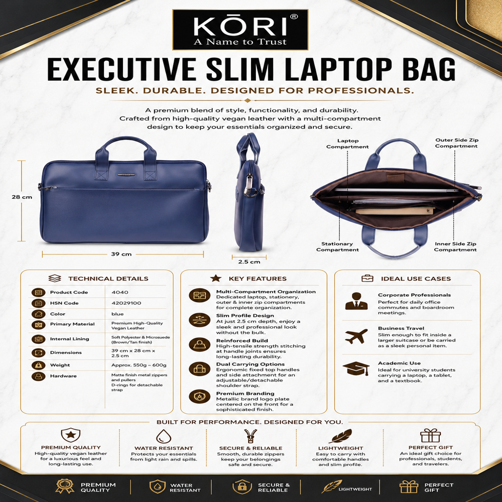 Kori Executive Slim Vegan Leather Laptop Bag(4040) - Capacity: 3 Ltr