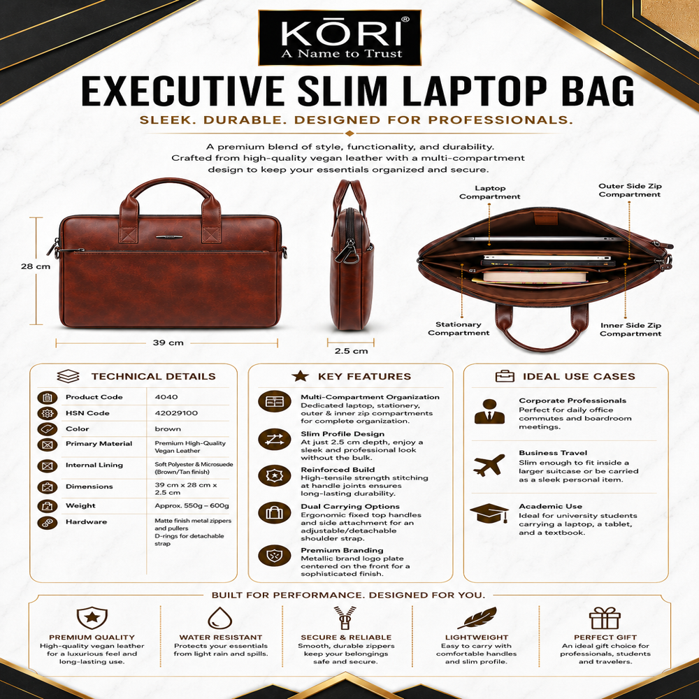 KORI Executive Slim Vegan Leather Laptop Bag(4040)