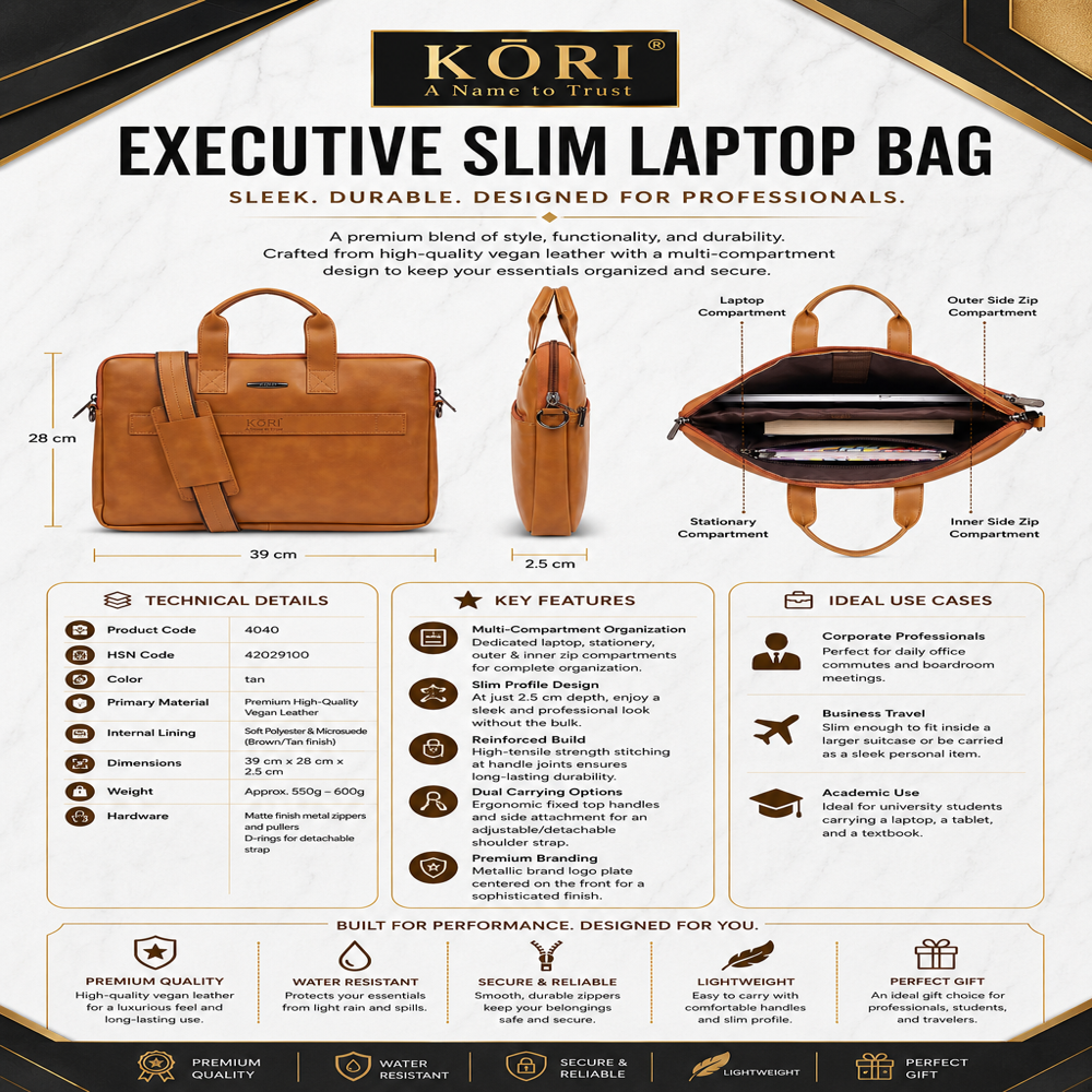 KORI Executive Slim Vegan Leather Laptop Bag(4040)