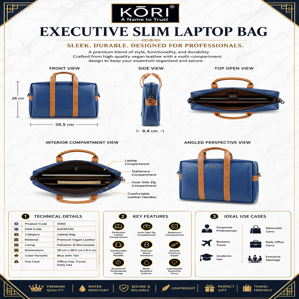 Kori Executive Duo-Tone Vegan Leather Laptop Bag (5050) - Capacity: 9 Ltr