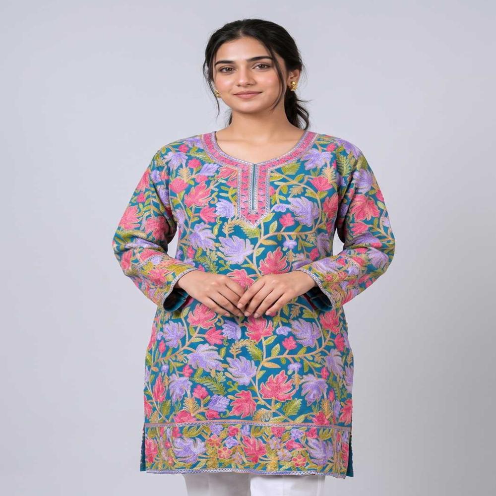 Cultural Kashmiri Long Kurti In Georgette With Aari Embroidery - Bust Size: 42