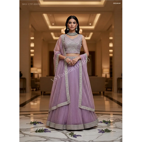 Ethereal Mirror-Work Twill Net Lehenga Set With Resham Embroidery And Pearl Accents