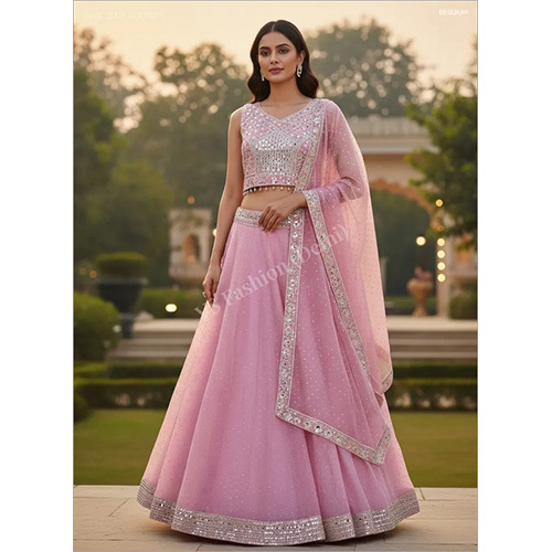 Ethereal Mirror-Work Twill Net Lehenga Set With Resham Embroidery And Pearl Accents