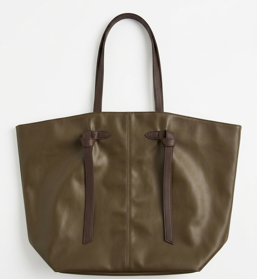Premium PU Leather Large Tote Bag with Long Handles & Tie Detail