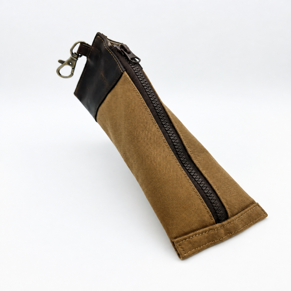 Tan & Brown Canvas Pencil Pouch with Clip
