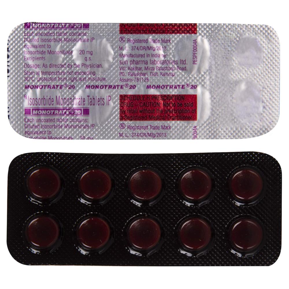 Monotrate Isosorbide Mononitrate 20 Tablet, Angina (Chest Pain) Treatment Medicine