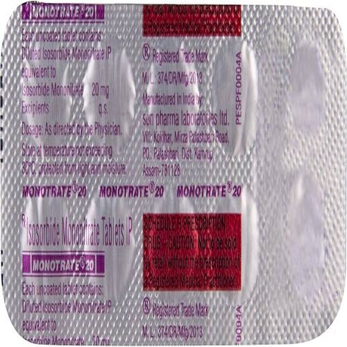 Monotrate Isosorbide Mononitrate 20 Tablet, Angina (Chest Pain) Treatment Medicine